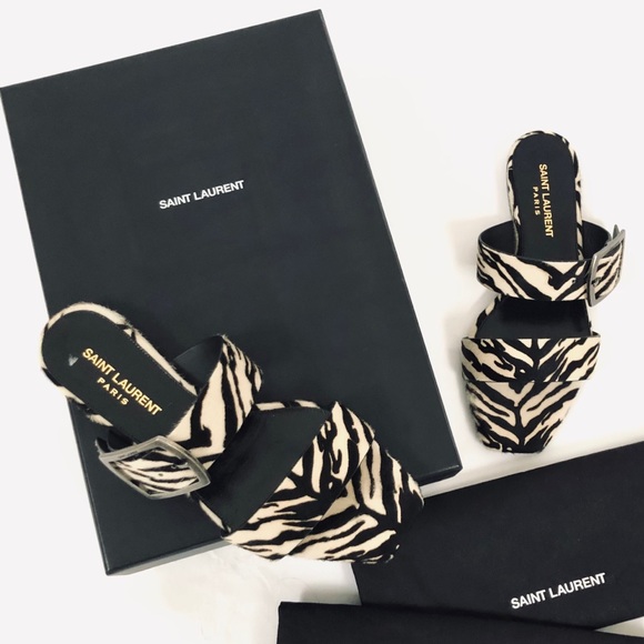 Saint Laurent Oak Zebra Calf-hair Buckle Squared Toe Sandal - Picture 1 of 10